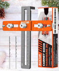 Pro-Grade Adjustable Cabinet Handle Template Tool With Alignment Hole Drill Guide For Knobs Handles And Pulls displayed with packaging and drill bits.