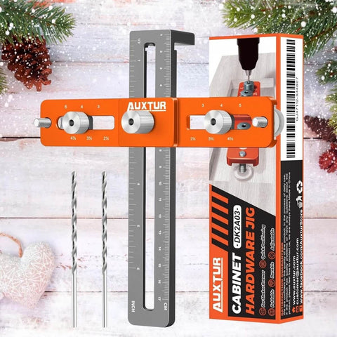 Pro-Grade Adjustable Cabinet Handle Template Tool With Alignment Hole Drill Guide For Knobs Handles And Pulls displayed with packaging and drill bits.