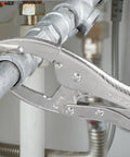 10 Inch Curved Jaw Locking Pliers Set With 2.5 Inch Opening And 65mm Max Capacity clamping a pipe for plumbers and mechanics