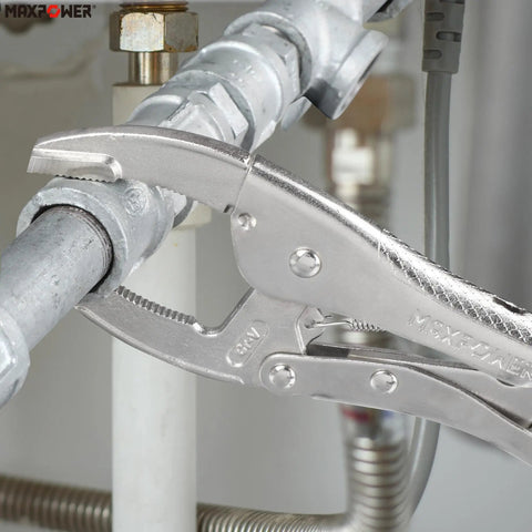 10 Inch Curved Jaw Locking Pliers Set With 2.5 Inch Opening And 65mm Max Capacity clamping a pipe for plumbers and mechanics