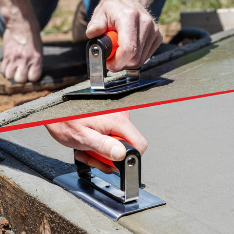 Pro Grade Blue Steel Concrete Edger 6x6 Inch with Soft Grip Handle used on wet concrete for smooth edges