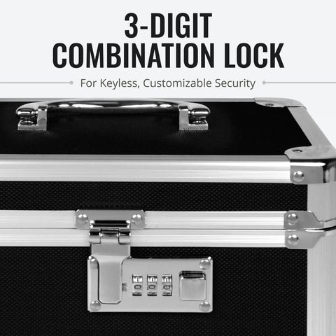 Heavy Duty Combination Lock Box For Documents And Valuables, close-up of secure 3-digit lock and reinforced chrome corners