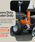SuperHandy Electric Trailer Dolly 3600 Lb Capacity Motorized Mover With 2 Inch Ball Hitch Reverse Function Heavy Duty Towing Cart For Safe Hauling close up of wheel and motor.