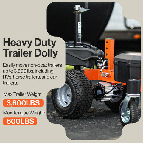 SuperHandy Electric Trailer Dolly 3600 Lb Capacity Motorized Mover With 2 Inch Ball Hitch Reverse Function Heavy Duty Towing Cart For Safe Hauling close up of wheel and motor.