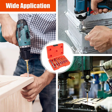 Go To 10 Piece Screw Extractor And Left Hand Drill Bit Set with Alloy Spiral Flutes in use on wood, metal, and machinery.