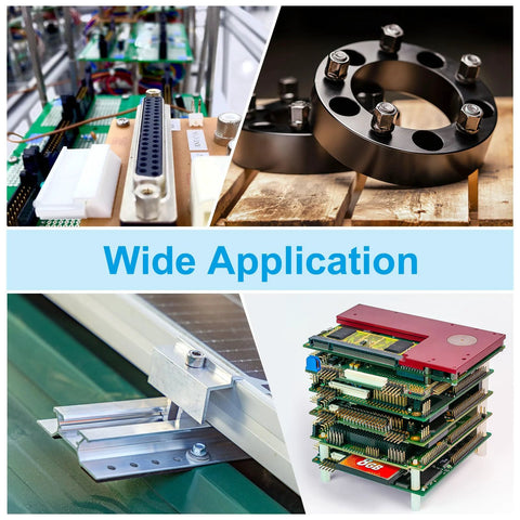 Stainless steel M6 standoff spacers and screws for PCBs and electronics; collage shows circular bolt spacers, PCB area, and stacked boards.