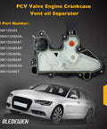 Volkswagen 2.0T PCV Valve Oil Separator Crankcase Vent Valve Replacement displayed with part numbers and car image.