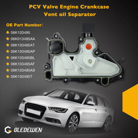 Volkswagen 2.0T PCV Valve Oil Separator Crankcase Vent Valve Replacement displayed with part numbers and car image.