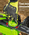 Powerful 24 Volts Cordless Chainsaw Using 10 Inch Low Recoil Bar For Storm Cleanup Branch Trimming And Firewood Processing Fast Badass Cutting Power Heavy Duty Tools Only tool-less tension adjustment detail with gloved hand.
