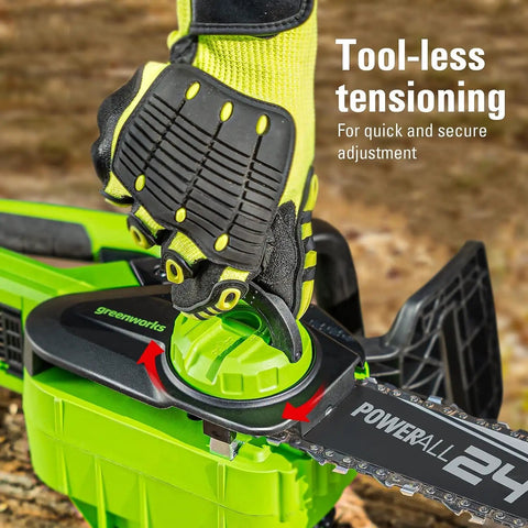 Powerful 24 Volts Cordless Chainsaw Using 10 Inch Low Recoil Bar For Storm Cleanup Branch Trimming And Firewood Processing Fast Badass Cutting Power Heavy Duty Tools Only tool-less tension adjustment detail with gloved hand.