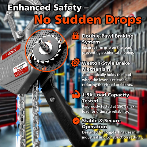 Half Ton Chain Hoist Come Along With 1100 Lbs Capacity 10 Ft Lift Aluminum Frame Steel Chain and braking system