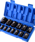 1/2 Inch Drive Shallow Impact Socket Set 14 Piece, 6 Point SAE Sockets From 3/8 To 1-1/4 Inch in blue case