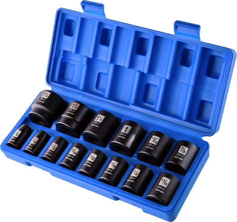1/2 Inch Drive Shallow Impact Socket Set 14 Piece, 6 Point SAE Sockets From 3/8 To 1-1/4 Inch in blue case