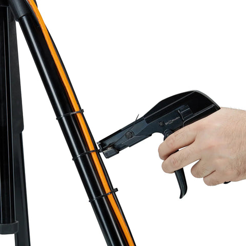 Using Zip Tie Gun And Cable Tie Install Tool With Adjustable Tension No Fuss Built In Cutter for cable management on metal tube.