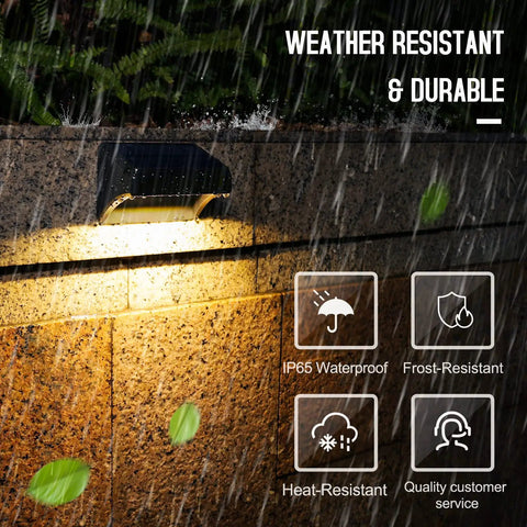 12 Pack Solar Fence Lights IP65 Waterproof Outdoor Lighting With Warm White And RGB Color Modes illuminating in heavy rain