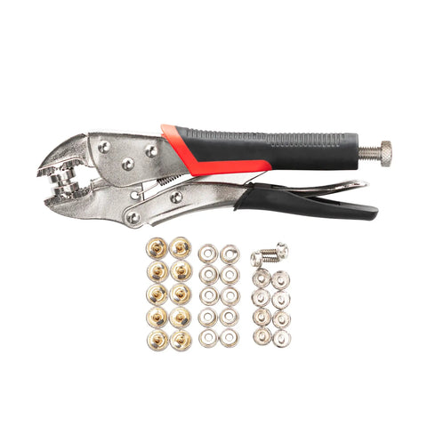 Heavy Duty Snap Setter Pliers Kit For Marine Snap Rings And Boat Cover Installation with snaps and fasteners displayed on white background