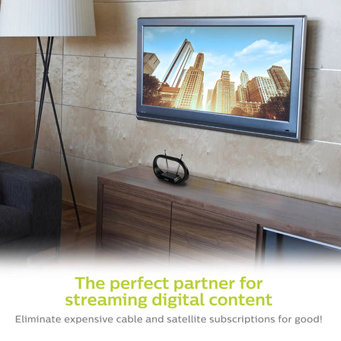 Indoor TV Antenna With 15 Inch Extendable Dipoles For Local Channels No Cable Needed 4K 1080P VHF UHF Digital HDTV Reception Tabletop Antenna For Smart TV Includes 4 Ft Coax Cable Black on wooden media console