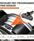 Set Of 4 433MHz TPMS Sensors Replacement Tire Pressure Monitoring System Compatible With Jeep Wrangler JK Dodge Ram 1500 2500 CV Challenger Charger Durango Grand Caravan Journey And More., black pre-programmed TPMS sensor close-up