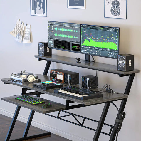 Music Studio Desk Production Workstation With Built In Power Outlet And USB Hub For Recording And Home Studio Use, Grey Oak Finish