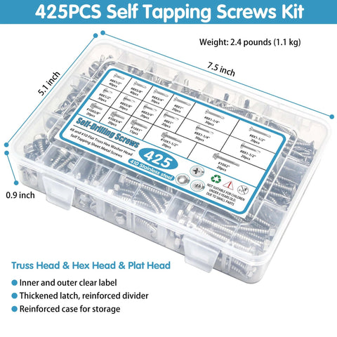 410 Stainless Steel Self Tapping Screws For Metal, Size 8 And Size 10 Self Drilling Assortment Set, 425 Pieces in storage case