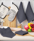 100 Percent Pure Cotton Waffle Weave Dish Cloths 6 Pack Dark Grey Ultra Absorbent Honeycomb Kitchen Towels on countertop with fruits