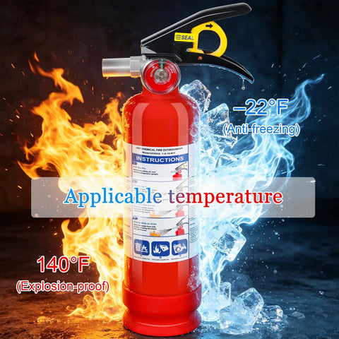 Six Pack Of Tough As Nails 2 Point 5 Lb Abc Dry Powder Fire Extinguishers With Snappy Quick Release Handles For Instant Home Kitchen Car Rv And Office Flame Control against a fiery and icy background.