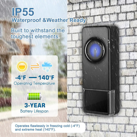 Dope Wireless Doorbell Kit With 2 Transmitters And 3 Receivers shown on wet stone wall, IP55 waterproof, weather-ready design.
