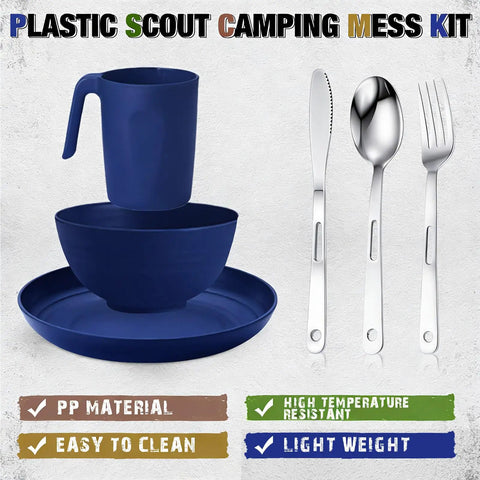 Lightweight Four Person Camping Mess Kit With 22 Oz Cup 7.87 Inch Plate And 5.9 Inch Bowl Mesh Bag Reusable Plastic Utensils
