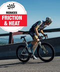 Cyclist riding on a road bike with a banner reading 'Reduces Friction & Heat', showcasing Ceramic Bike Grease For Bottom Brackets, Hubs, And Headsets, Advanced Nonstick Ceramic Lubricant Reducing Friction, Heat, And Wear, Waterproof Rust Protection, 2oz Tube For Smoother Shifts And Longer Bearing Life.