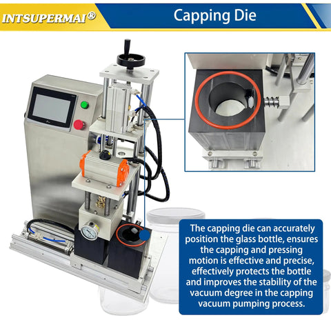 Capping die for vacuum sealing, features a precise positioning system, designed for accurate glass bottle sealing and capping.