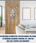 Welding Practice Kit For Beginners Metal Art Project with a decorative deer head sculpture on a wooden panel in a modern room.