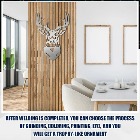 Welding Practice Kit For Beginners Metal Art Project with a decorative deer head sculpture on a wooden panel in a modern room.