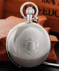 Silver Shield Mechanical Pocket Watch For Men With Double Cover Roman Numeral Dial Chain Included Vintage Dress Timepiece For Everyday Carry Great Gift For Him shown closed with intricate design