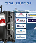 Six Pack Cruise Luggage Tags Waterproof Clear Tags With Heavy Duty Plastic And Stainless Steel Hardware Durable Ship Tag Holders for NCL Princess Carnival Royal Caribbean And Celebrity Cruise Lines attached to suitcase with ship in background.