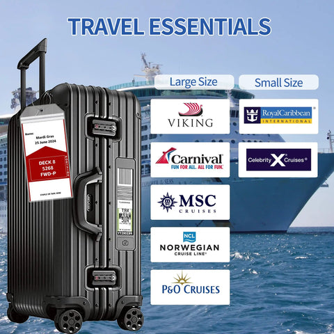Six Pack Cruise Luggage Tags Waterproof Clear Tags With Heavy Duty Plastic And Stainless Steel Hardware Durable Ship Tag Holders for NCL Princess Carnival Royal Caribbean And Celebrity Cruise Lines attached to suitcase with ship in background.