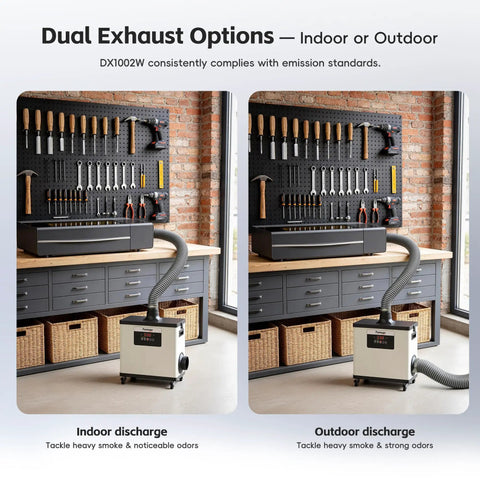 Laser Fume Extractor For Enclosed Laser Engravers And 3D Printers, 200W Motor, shown with dual exhaust options