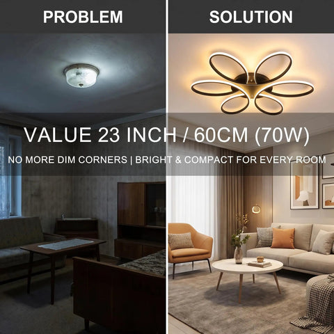 Comparative image showing unlit room versus lit room with Ultra Slim 23 Inch LED Ceiling Light Fixture With Remote And App Control 70W Dimmable Flush Mount Ceiling Lamp For Living Room Dining Room Bedroom Kitchen 5600LM CRI80 True Color Lighting With Memory Function For That Dope Home Vibe.