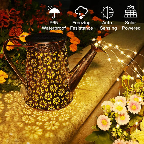 Solar Watering Can With Lights For Outdoor Garden Decor Waterproof Hanging Lanterns With 90 LEDs on copper string at night