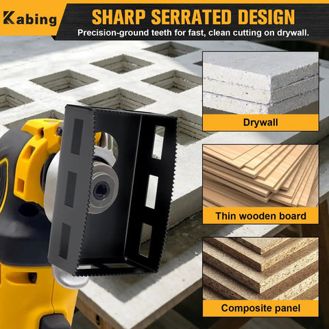 Heavy-Duty Square Slot Drywall Outlet Cutter Upgrade Compatible With DeWalt 20V Power Tools And Milwaukee M18 Batteries used on drywall with serrated design.