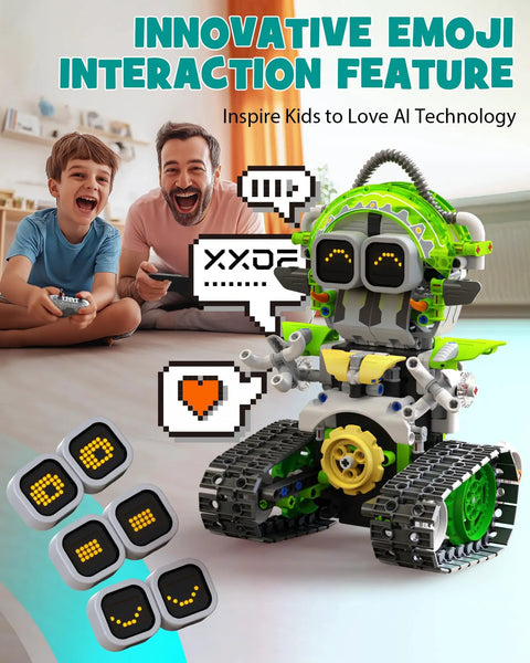 Father and son playing with 5 In 1 STEM RC Robot Building Kit With 478 Pieces For Coding And Engineering Includes Animal Snails AI Robots