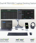 Thunderbolt 3 Laptop Docking Station With Usb-C Host Support For Dual 4K 60Hz HDMI And Displayport Screens 96W Power Delivery 5 USB Ports 10Gbps setup with dual monitors and connected devices.