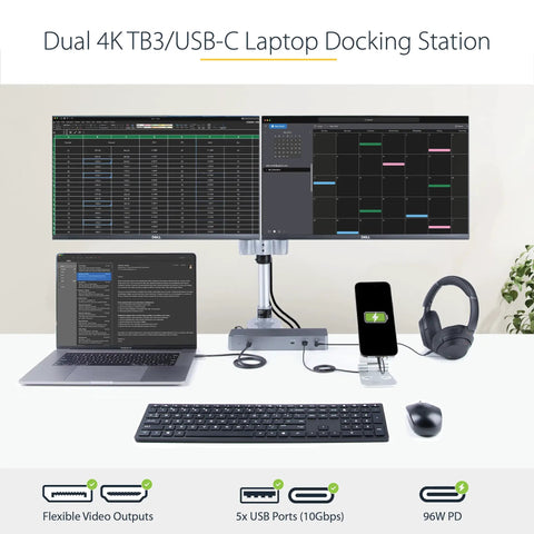 Thunderbolt 3 Laptop Docking Station With Usb-C Host Support For Dual 4K 60Hz HDMI And Displayport Screens 96W Power Delivery 5 USB Ports 10Gbps setup with dual monitors and connected devices.