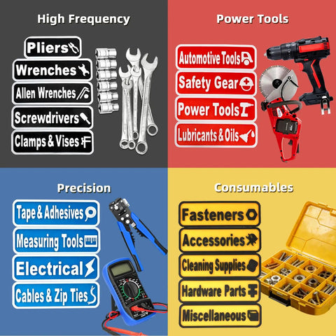Magnetic Tool Box Label Kit 24 Pack With 3D Printed Magnetic Backing, Color Coded System for organizing tools by categories.