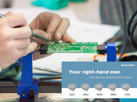 Person prototyping a PCB using comprehensive EIA 0805 SMD chip resistor kit for pros with 72 values from 0 ohm to 10 meg ohm.