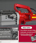 Heavy Duty Electric Hydraulic Rebar Cutter 1250W 110V Sparks Free Fast Cut In About Three Seconds Cuts Up To Three Quarters Inch 6 20 mm Steel Rebar Perfect For Concrete Construction Industrial Grade Reliable Performance shown cutting rebar with red housing and handle.