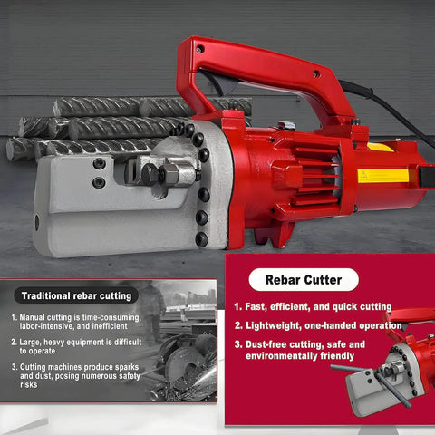 Heavy Duty Electric Hydraulic Rebar Cutter 1250W 110V Sparks Free Fast Cut In About Three Seconds Cuts Up To Three Quarters Inch 6 20 mm Steel Rebar Perfect For Concrete Construction Industrial Grade Reliable Performance shown cutting rebar with red housing and handle.
