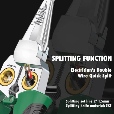 Close-up of Eight In One Wire Stripper Tool With Non Contact Voltage Detector And Insulated Safety Handles showing wire split function.