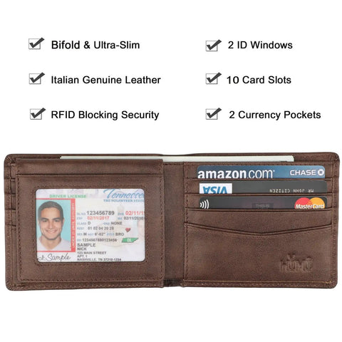 Men's Genuine Leather RFID Blocking Bifold Wallet With Two ID Windows Vegetable Tanned Cowhide Coffee Galaxy Finish open view