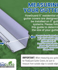 Diagram of FlowGuard Gutter Covers showing how to measure 5-inch gutters, includes measurement instructions and product logo.