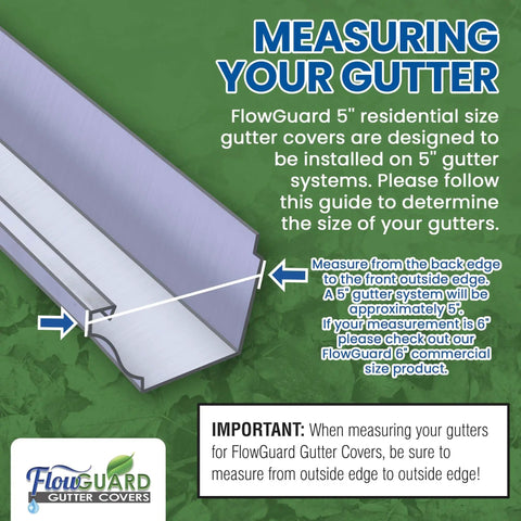 Diagram of FlowGuard Gutter Covers showing how to measure 5-inch gutters, includes measurement instructions and product logo.